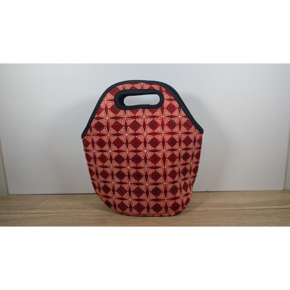 Tote Lunch Bag – Insulated Neoprene – Red Black Geometric Pattern – TEKGO Brand